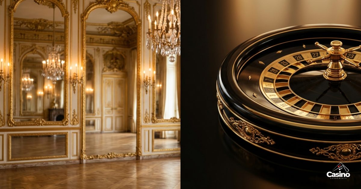 Table de casino installée dans un salon de château à Versailles, avec croupier en tenue