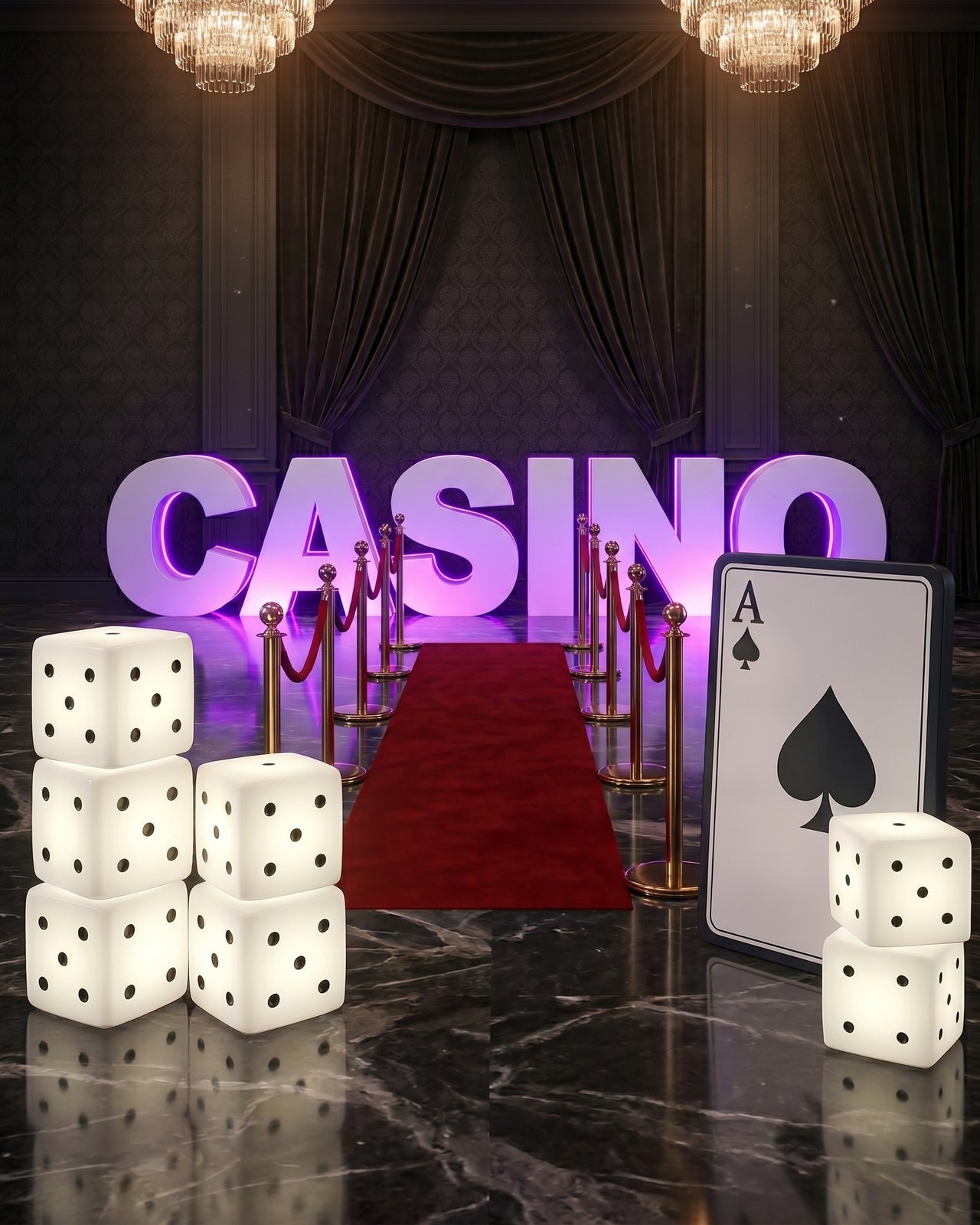 Décoration casino : enseigne CASINO lumineuse, tapis rouge, potelets dorés et cartes