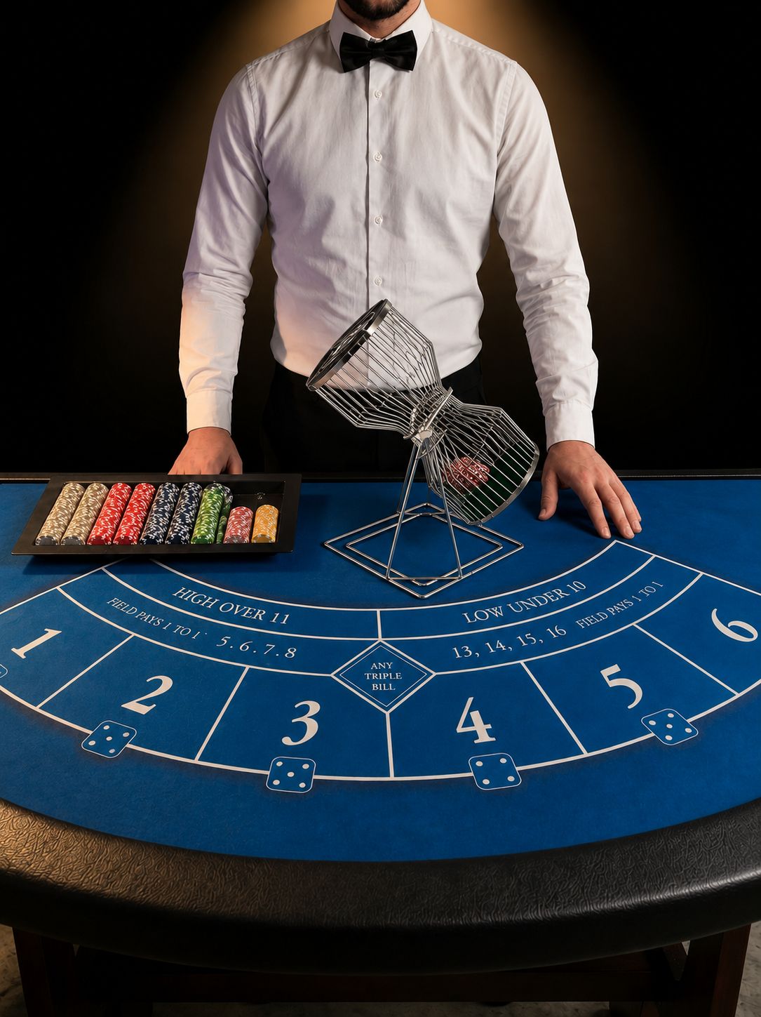 Table de Chuck-a-Luck avec sa cage à dés